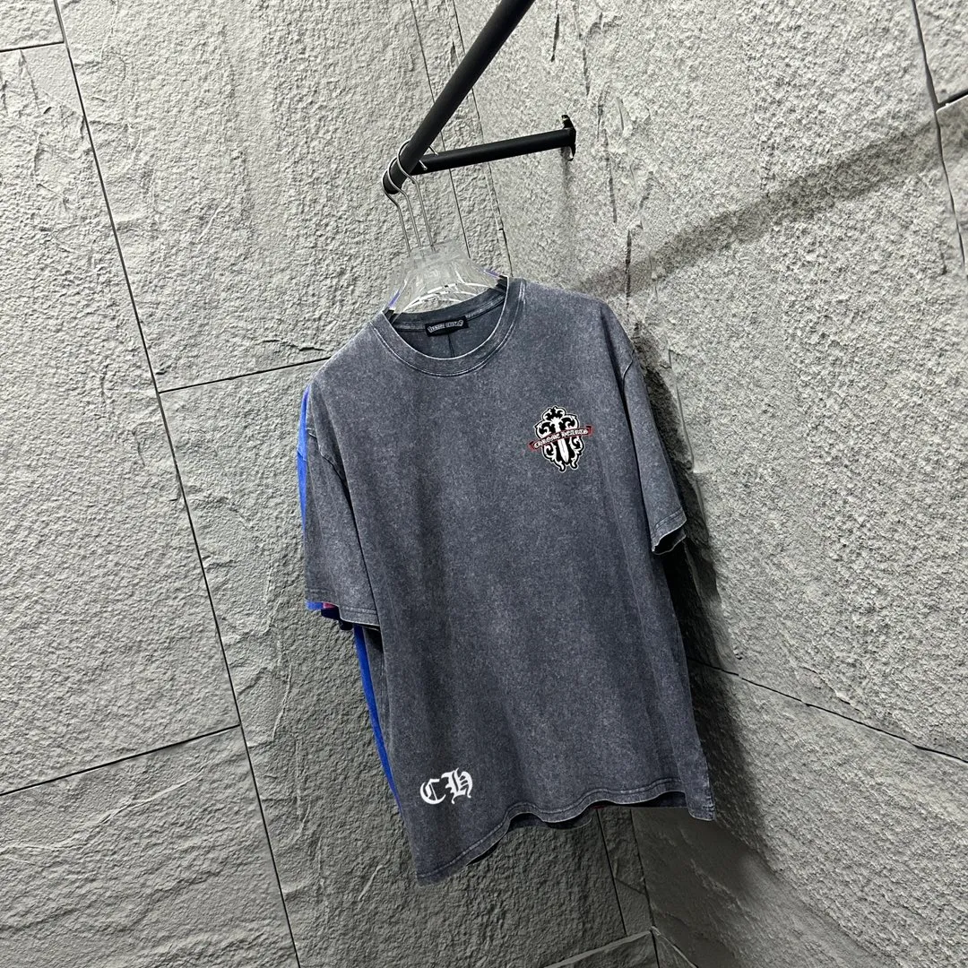 🅿️180 CH* Crow Heart* 2025 spring and summer new style Snowflake distressed washed retro round neck short sleeves Chest and front logo Front and back cross horseshoe print Customized fabric Short-sleeved T-shirt Unisex Size: S M L XL XXL Color: Snowflake Black Snowflake Gray Snowflake Pink Snowflake Blue
